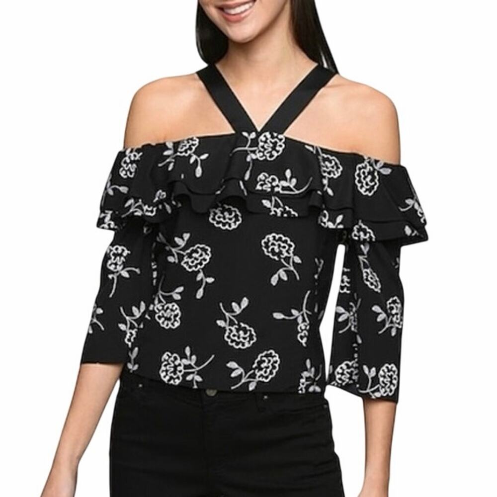 Armani Exchange Off The Shoulder Halter Blouse XL Black Floral Feminine Romantic